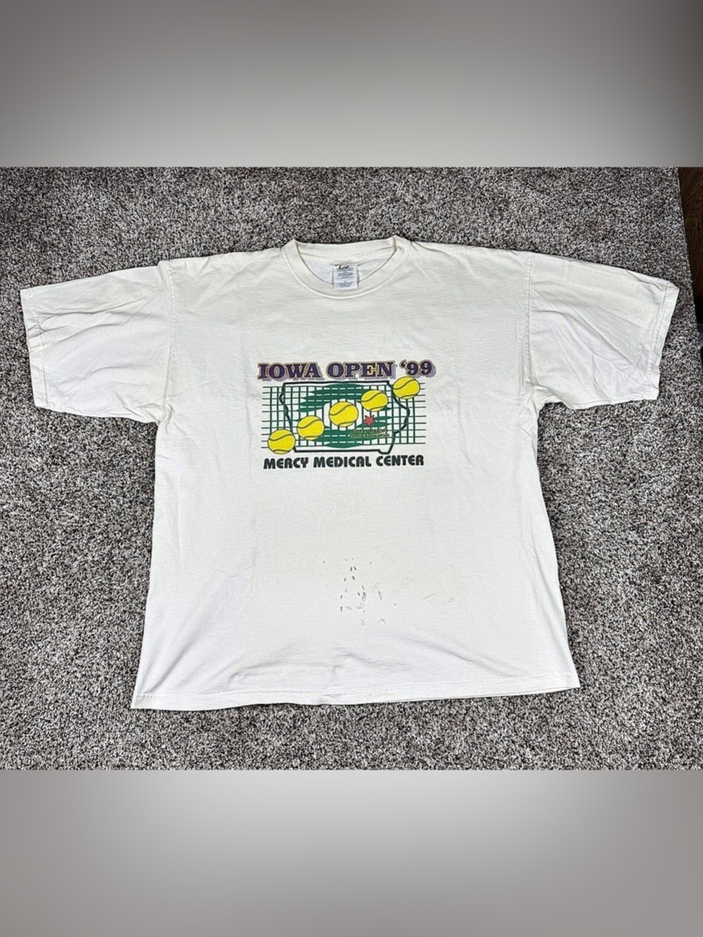 Vintage 90s Sz 2XL Men’s Santee Gold Iowa Tennis Open 1999 Shirt White Thrashed